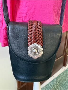 Brighton  Crossbody phone Bag /Leather black Brown Braided Strap /Silvertone det